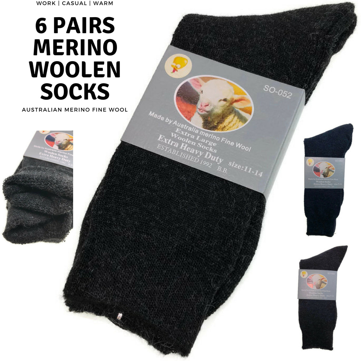 6 Pairs Merino Wool Blend Woolen Work Socks Hiking Heavy Duty Warm Thermal Bulk - Navy - 11-14 V563-BB-6MWSOX-NVY-11_14