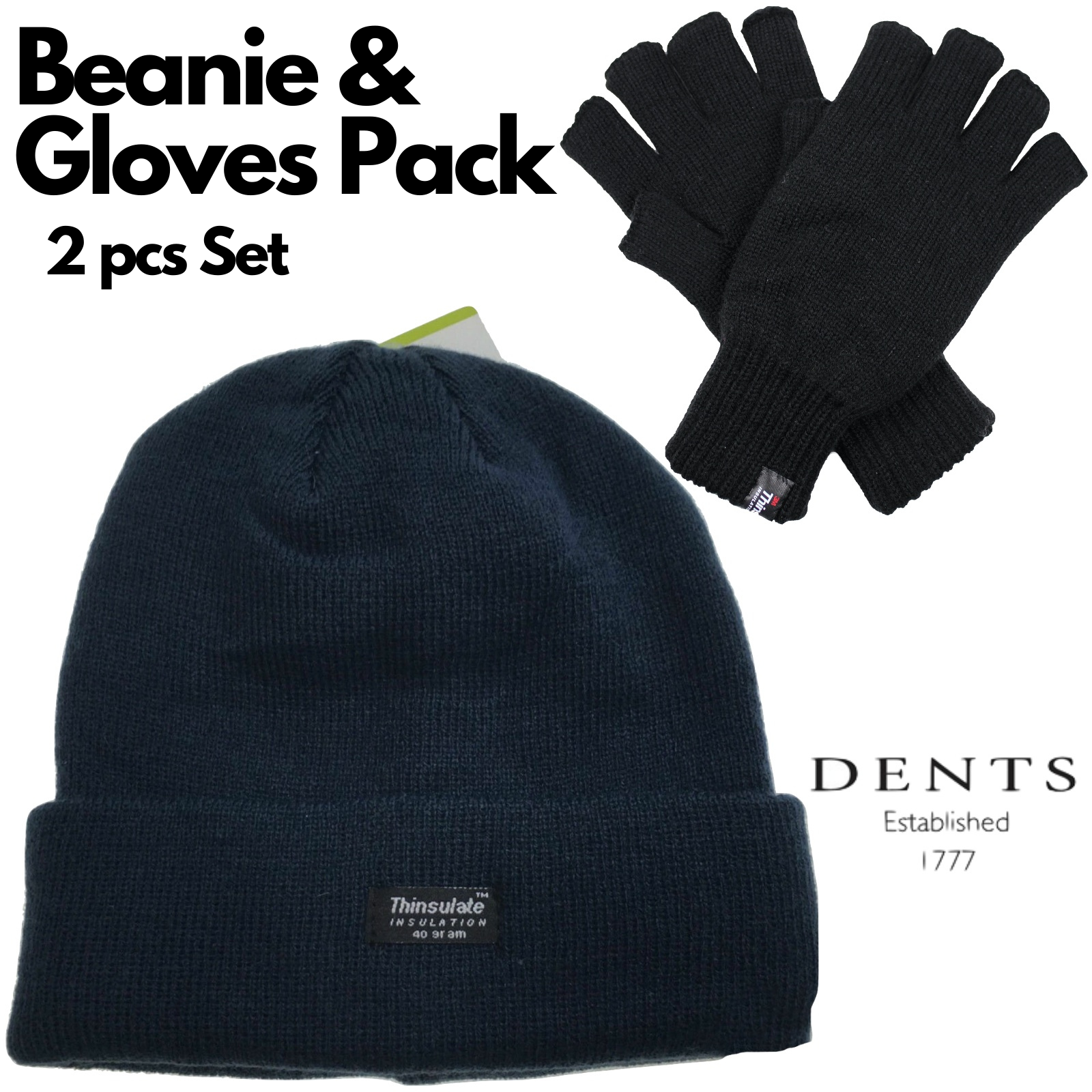 Dents 2pcs Set Mens 3M Thinsulate Pull-On Beanie + Knitted Fingerless Gloves V563-BEANIEGLOVES_SET4