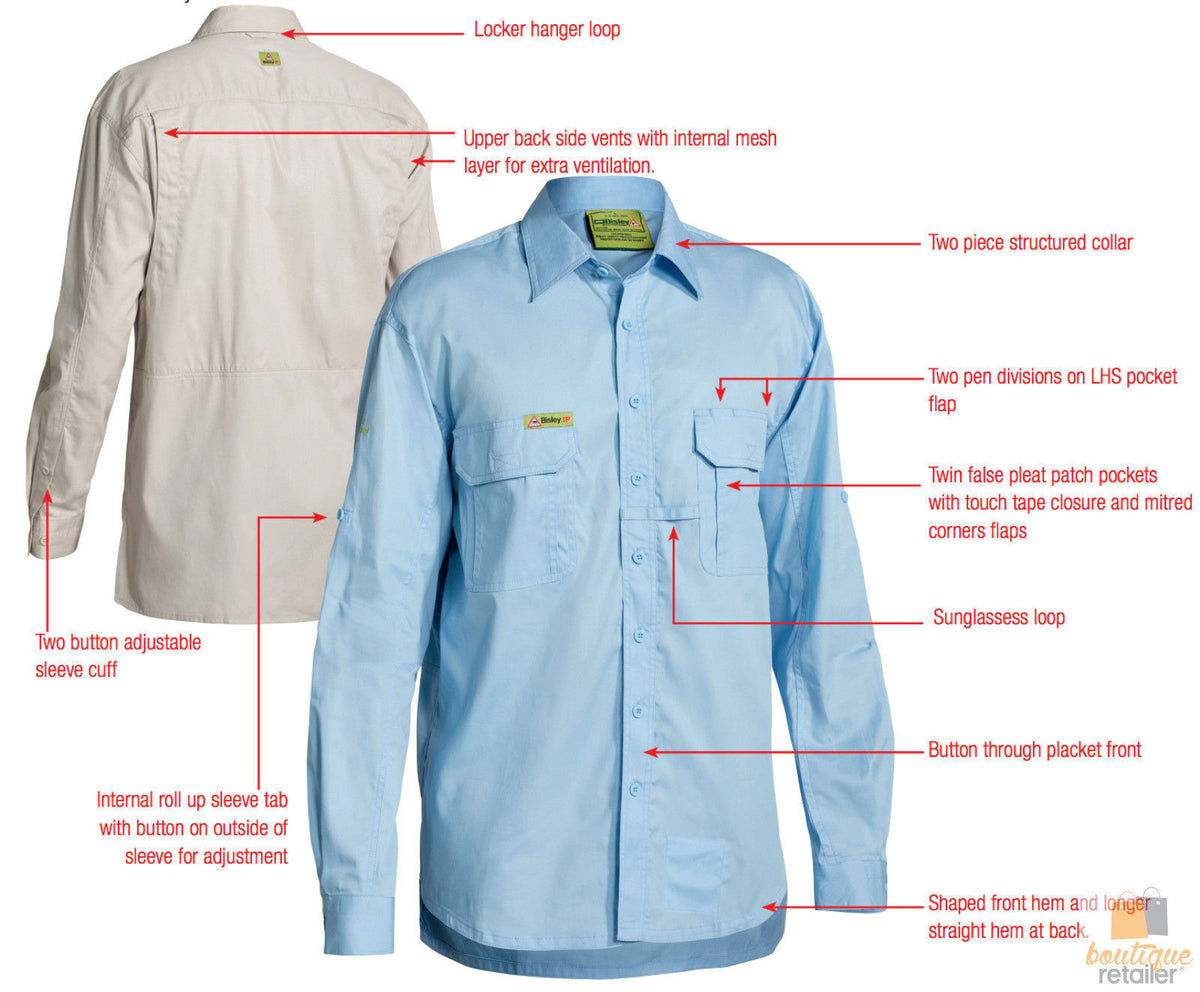 BISLEY Insect Protection Fishing Shirt Long Sleeve Casual Business Work Cotton - VRS6140_BBLB (Blue) - S V563-BISLEY-INSCTPROOF-BLU-S