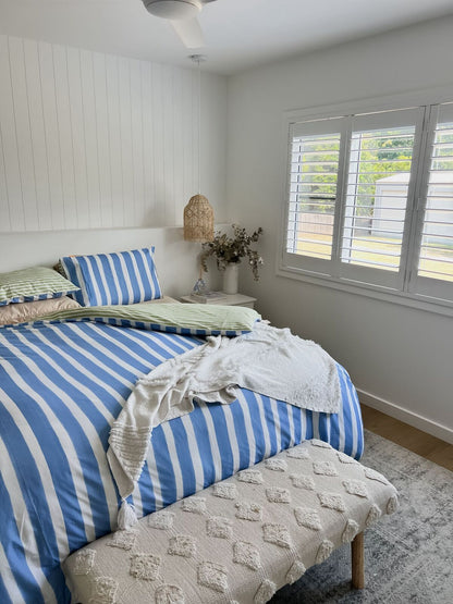 100% Cotton Duvet Quilt Cover Set w/ 2 Pillow Cases in Reversible Blue/Green/White Stripe - Queen V563-BLUSTRP_DVT-QUEEN