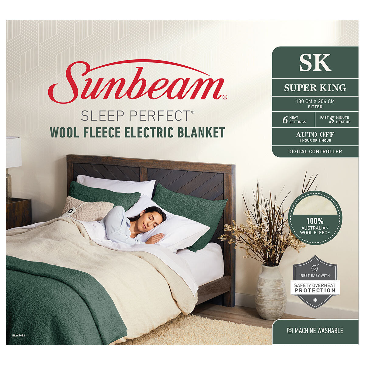 Sunbeam Sleep Perfect Super King Bed Wool Fleece Heated Blanket V563-BLW5681