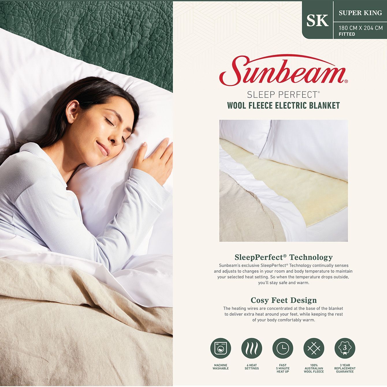 Sunbeam Sleep Perfect Super King Bed Wool Fleece Heated Blanket V563-BLW5681
