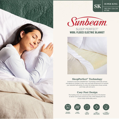 Sunbeam Sleep Perfect Super King Bed Wool Fleece Heated Blanket V563-BLW5681