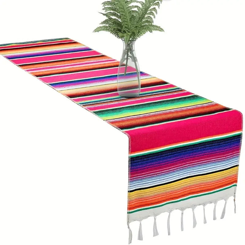 Rainbow Table Cloth Runner Stripe w/ Tassel Mexican Tablecloth Wedding Party Decor V563-BQ05575
