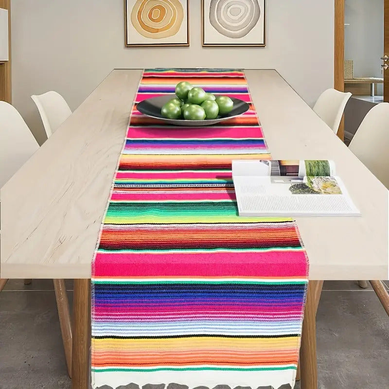 Rainbow Table Cloth Runner Stripe w/ Tassel Mexican Tablecloth Wedding Party Decor V563-BQ05575