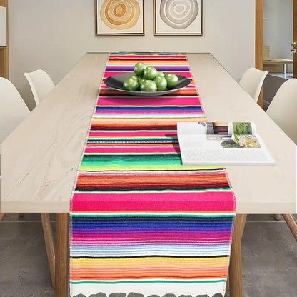 Rainbow Table Cloth Runner Stripe w/ Tassel Mexican Tablecloth Wedding Party Decor V563-BQ05575