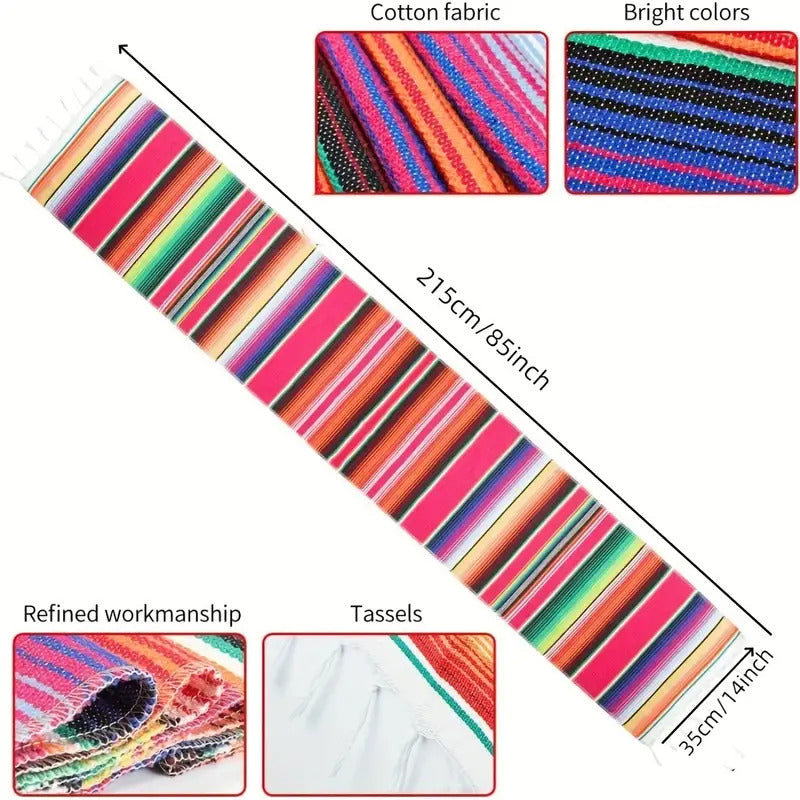 Rainbow Table Cloth Runner Stripe w/ Tassel Mexican Tablecloth Wedding Party Decor V563-BQ05575