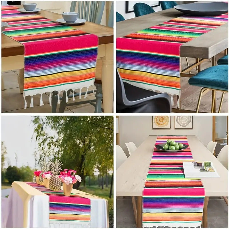 Rainbow Table Cloth Runner Stripe w/ Tassel Mexican Tablecloth Wedding Party Decor V563-BQ05575
