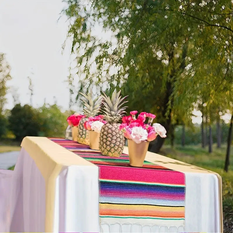Rainbow Table Cloth Runner Stripe w/ Tassel Mexican Tablecloth Wedding Party Decor V563-BQ05575