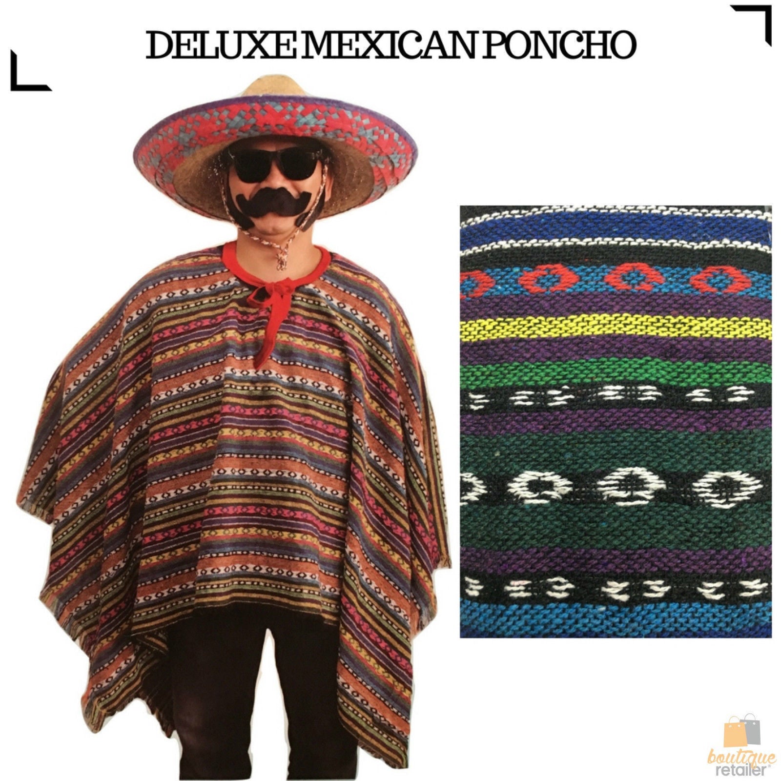 PREMIUM MEXICAN PONCHO Spanish Costume Wild West Cowboy Party Bandit 12467 V563-BR-12467