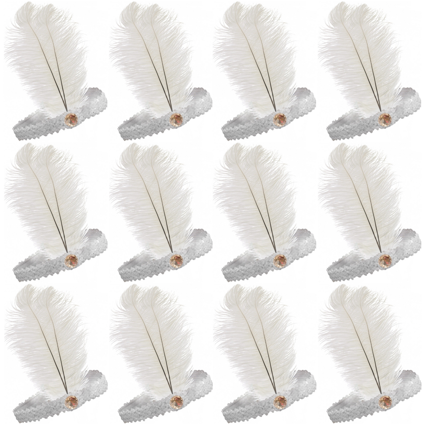 12x 1920s FLAPPER HEADBAND Headpiece Feather Sequin Charleston Gatsby Party BULK - White V563-BR-12FLAPPERHDBND-WHT