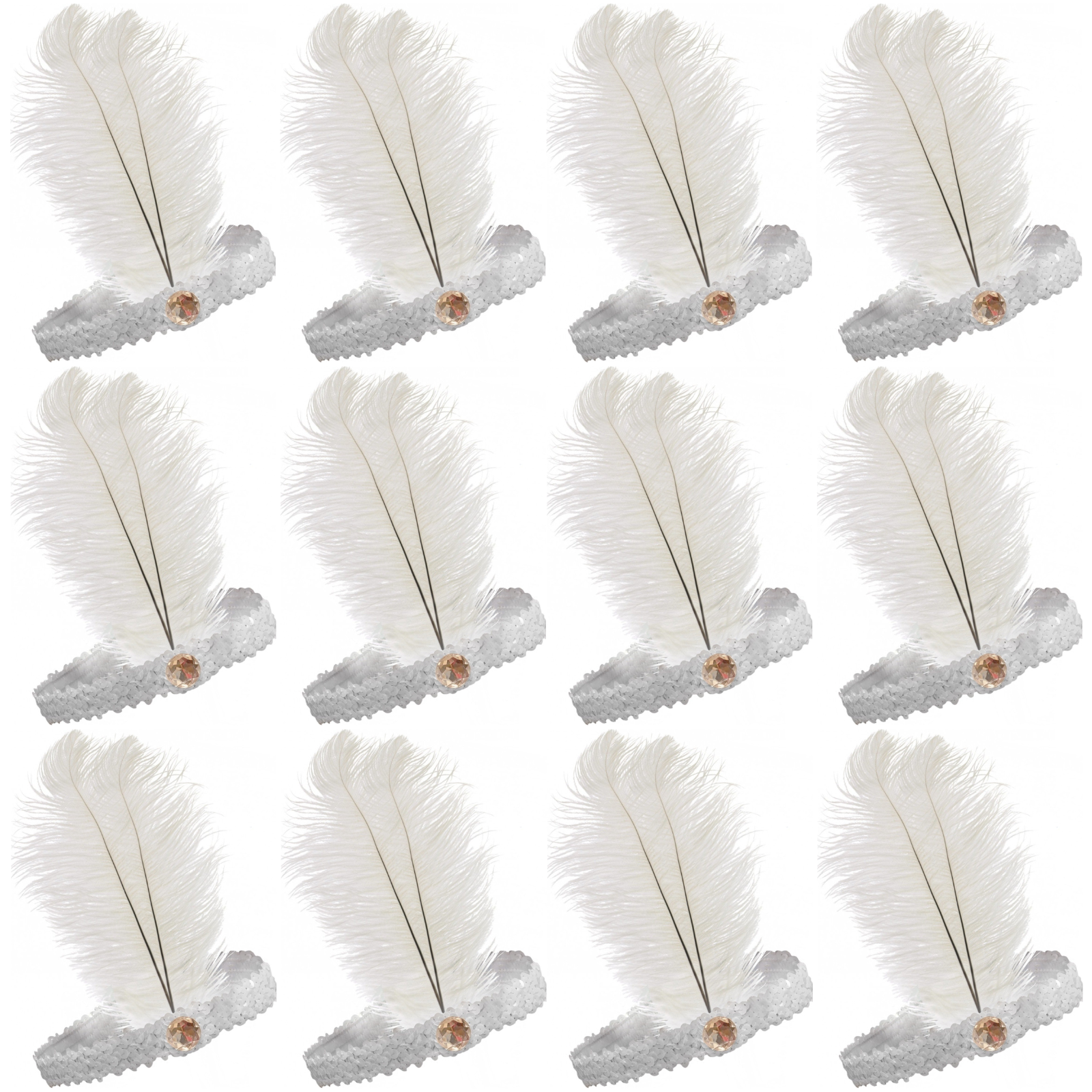 12x 1920s FLAPPER HEADBAND Headpiece Feather Sequin Charleston Gatsby Party BULK - White V563-BR-12FLAPPERHDBND-WHT