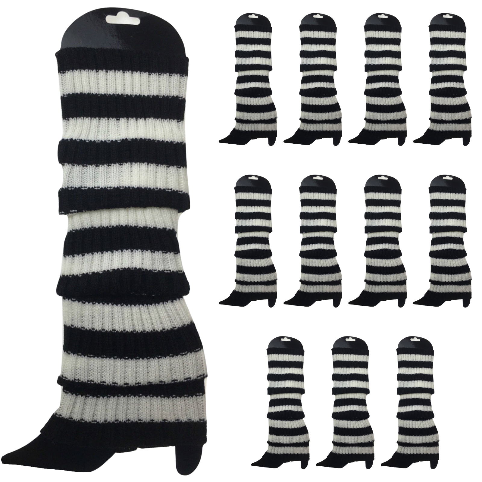 12x LEG WARMERS Knitted Womens Costume Neon Dance Party Knit 80s BULK - Black/White Stripe V563-BR-12LEGWARMRS-BLKWHTSTR