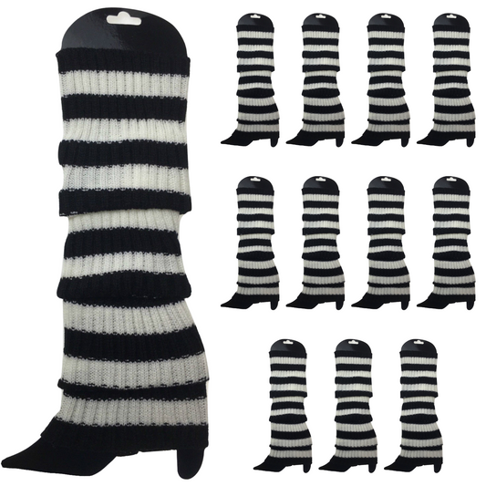 12x LEG WARMERS Knitted Womens Costume Neon Dance Party Knit 80s BULK - Black/White Stripe V563-BR-12LEGWARMRS-BLKWHTSTR