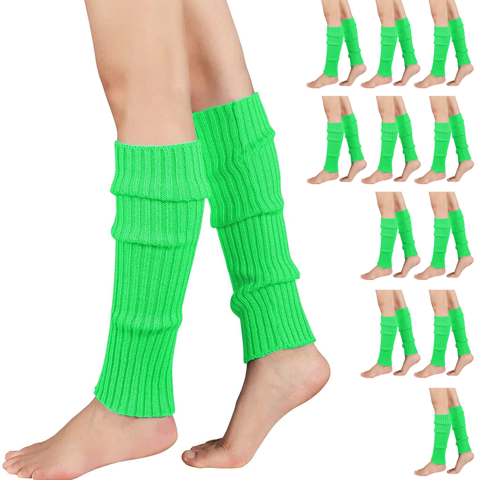 12x LEG WARMERS Knitted Womens Costume Neon Dance Party Knit 80s BULK - Fluro Green V563-BR-12LEGWARMRS-FLUGRN