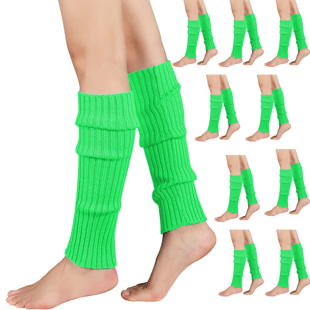 12x LEG WARMERS Knitted Womens Costume Neon Dance Party Knit 80s BULK - Fluro Green V563-BR-12LEGWARMRS-FLUGRN