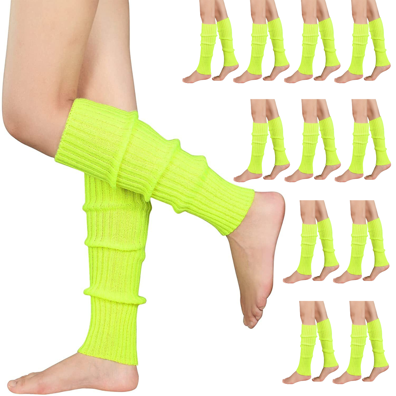 12x LEG WARMERS Knitted Womens Costume Neon Dance Party Knit 80s BULK - Fluro Yellow V563-BR-12LEGWARMRS-FLUYLW