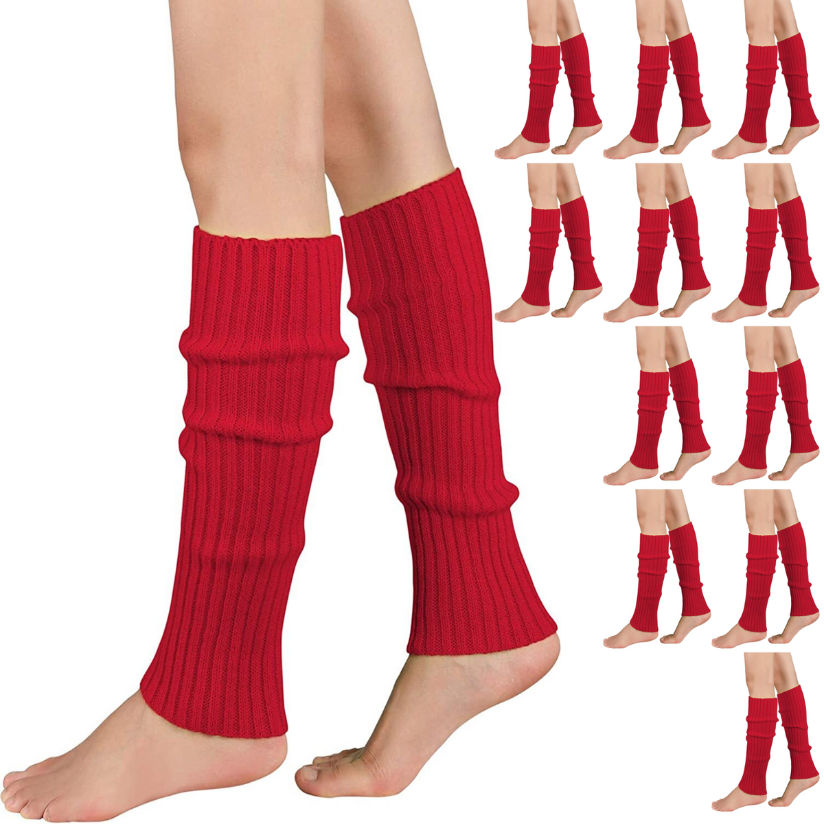 12x LEG WARMERS Knitted Womens Costume Neon Dance Party Knit 80s BULK - Red V563-BR-12LEGWARMRS-RED