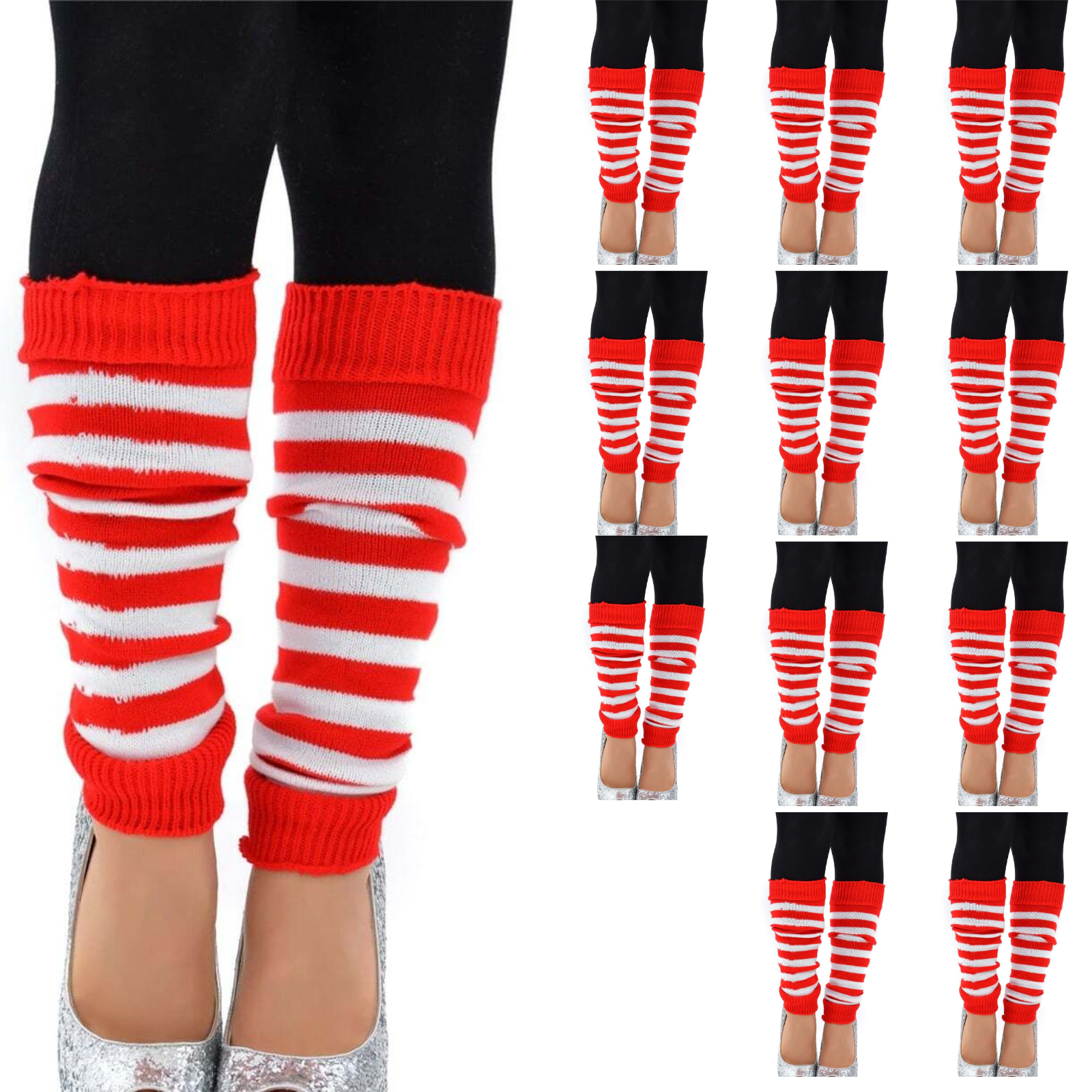 12x LEG WARMERS Knitted Womens Costume Neon Dance Party Knit 80s BULK - Red/White Stripe V563-BR-12LEGWARMRS-REDWHTTSTR