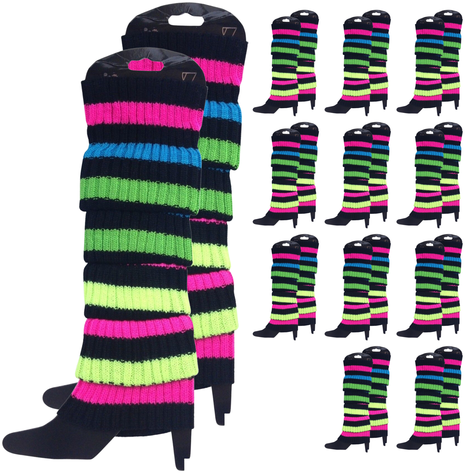 12x LEG WARMERS Knitted Womens Costume Neon Dance Party Knit 80s BULK - Rainbow with Black Stripe V563-BR-12LEGWARMRS-RNBWBLKSTR