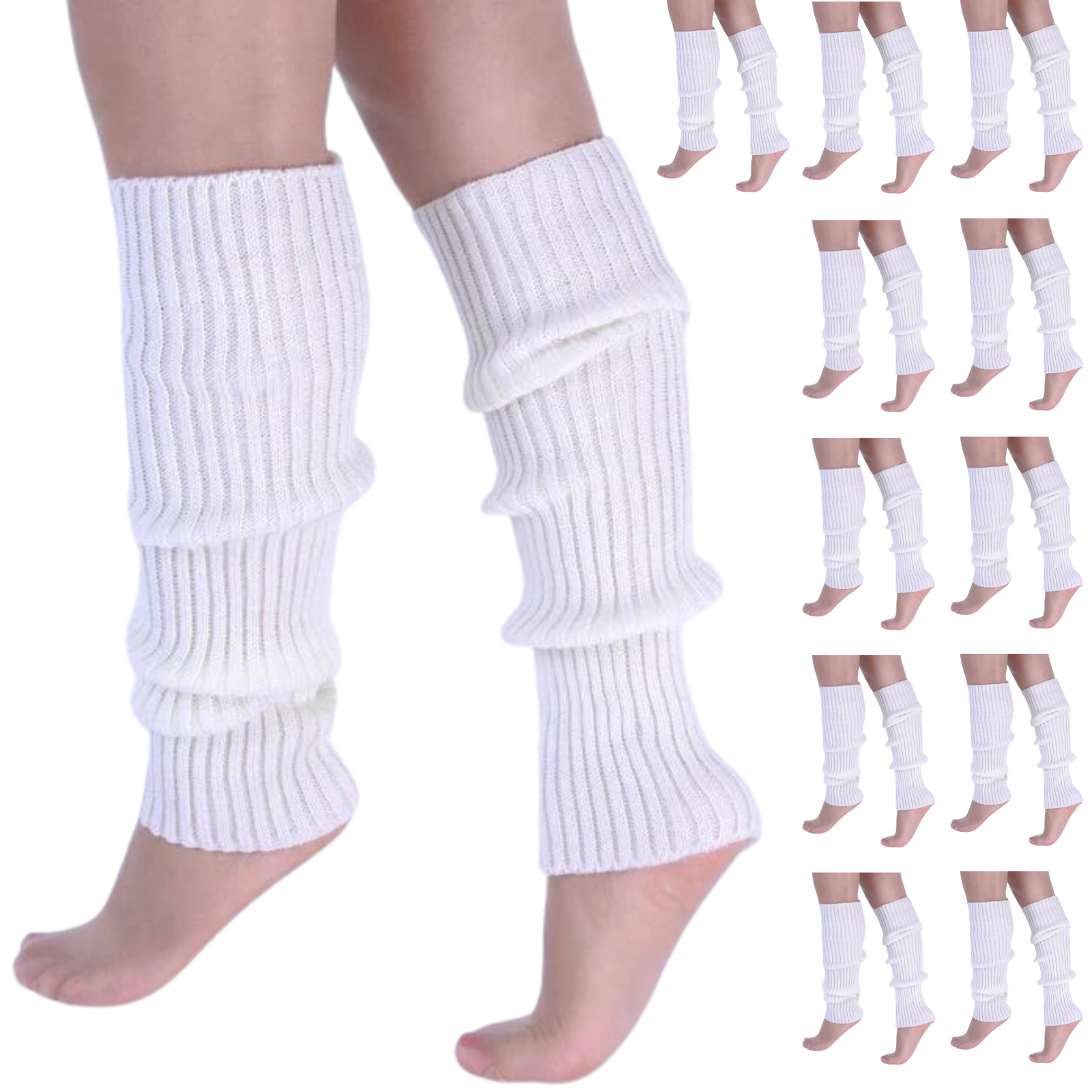 12x LEG WARMERS Knitted Womens Costume Neon Dance Party Knit 80s BULK - White V563-BR-12LEGWARMRS-WHT
