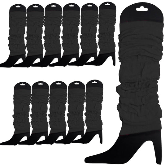 12 LEG WARMERS Knitted Womens Neon Party Knit Ankle Fluro Dance Costume 80s BULK - Black V563-BR-12NNLEGWRMR-BLK
