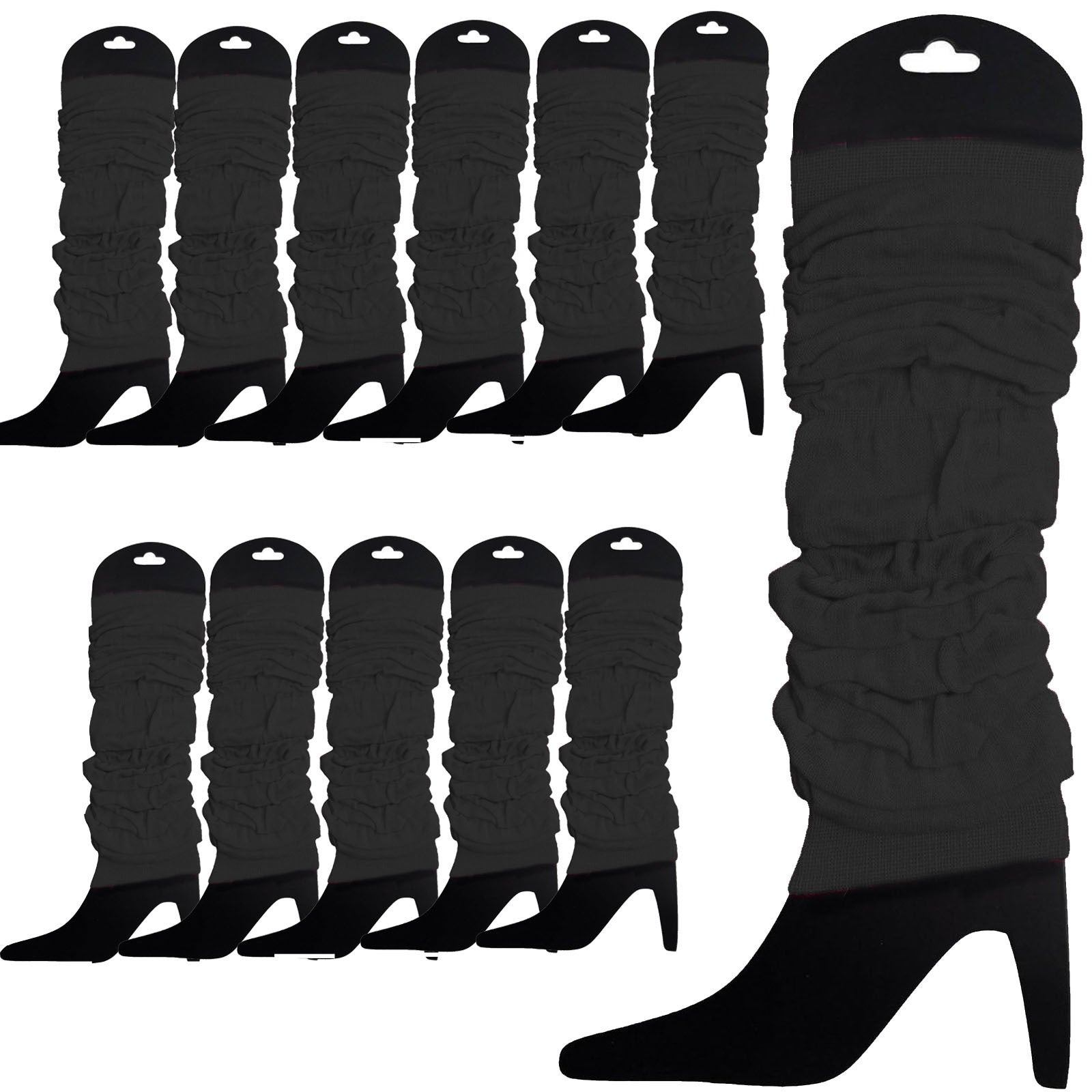 12 LEG WARMERS Knitted Womens Neon Party Knit Ankle Fluro Dance Costume 80s BULK - Black V563-BR-12NNLEGWRMR-BLK