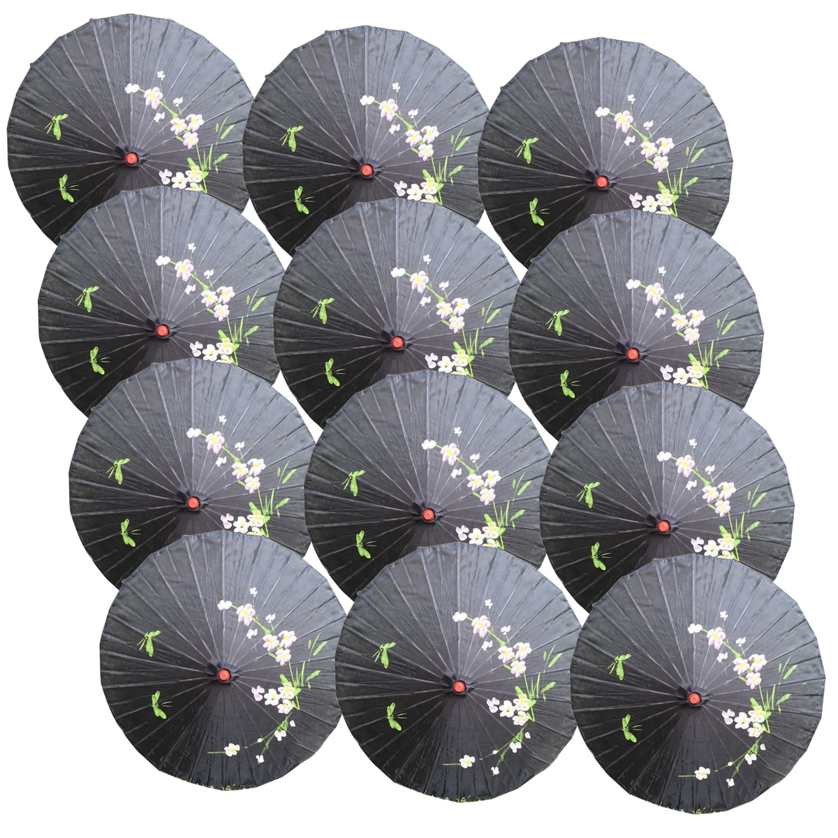 12x PARASOL UMBRELLA Chinese Japanese Bamboo Flower Pattern 80cm Large BULK - Black V563-BR-12PARUMBRLA-BLK