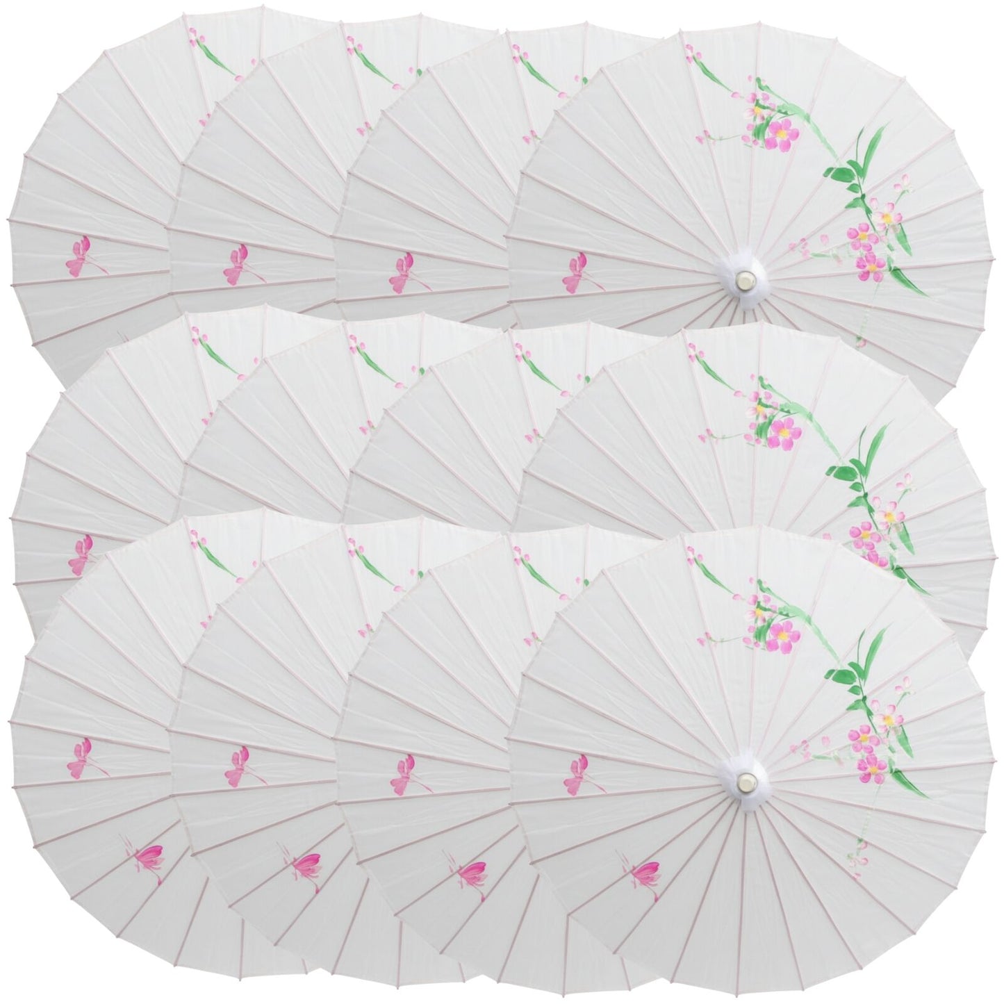 12x PARASOL UMBRELLA Chinese Japanese Bamboo Flower Pattern 80cm Large BULK - White V563-BR-12PARUMBRLA-WHT
