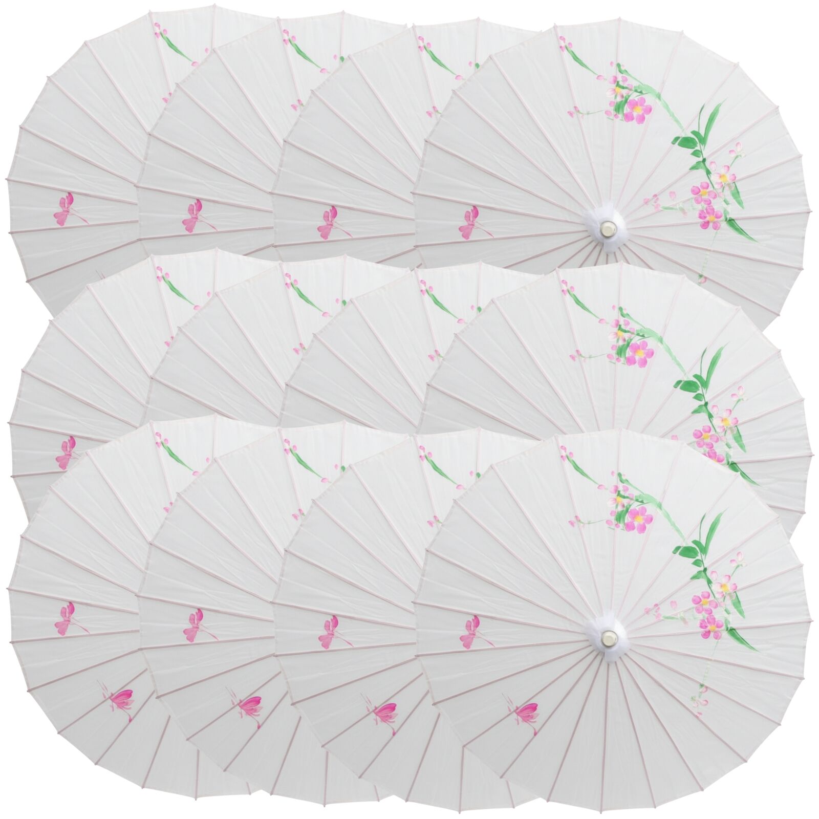 12x PARASOL UMBRELLA Chinese Japanese Bamboo Flower Pattern 80cm Large BULK - White V563-BR-12PARUMBRLA-WHT