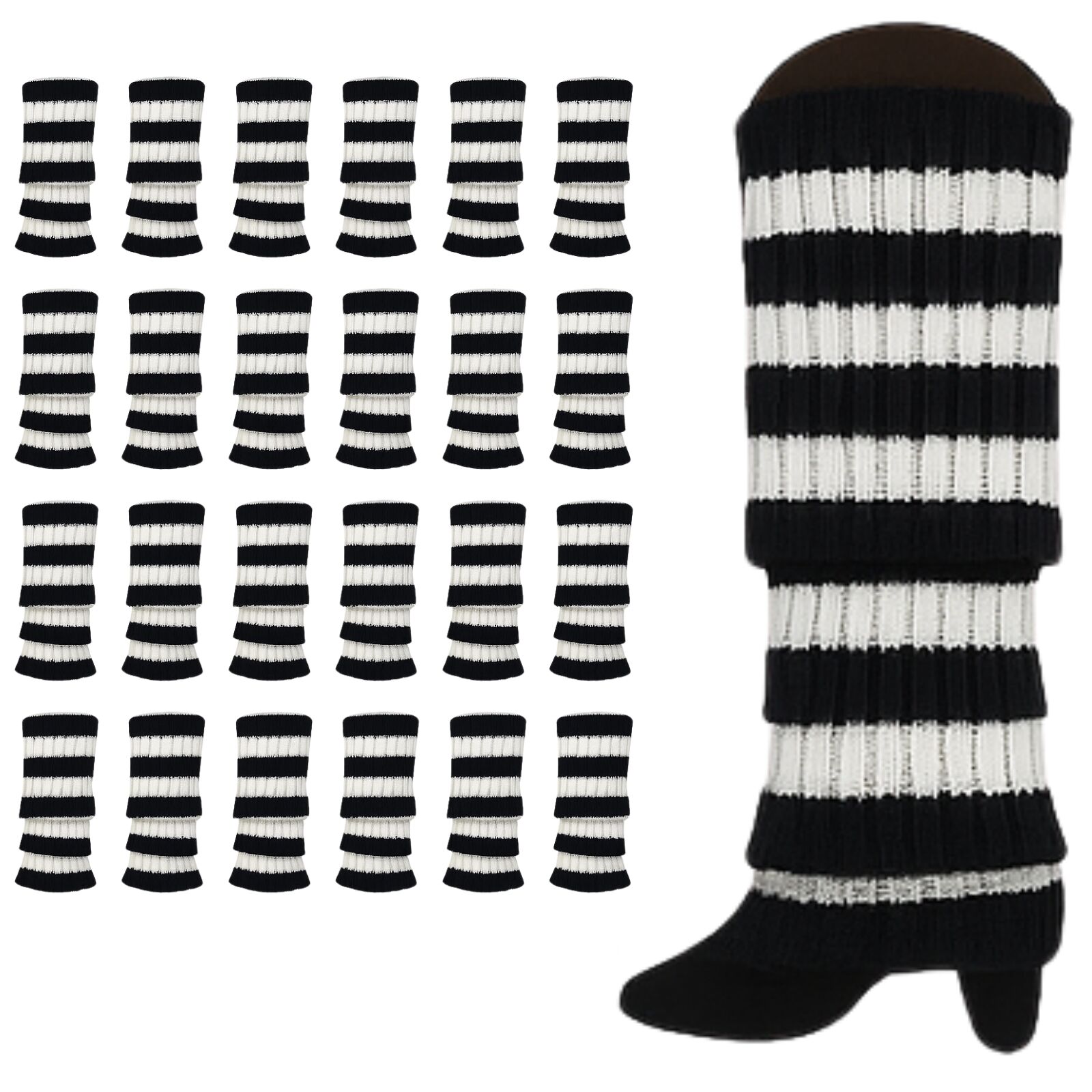 24x Womens Leg Warmers Disco Winter Knit Dance Party Crochet Legging Socks Costume - Black/White Stripe V563-BR-24LEGWARMS-BLKWHTSTR