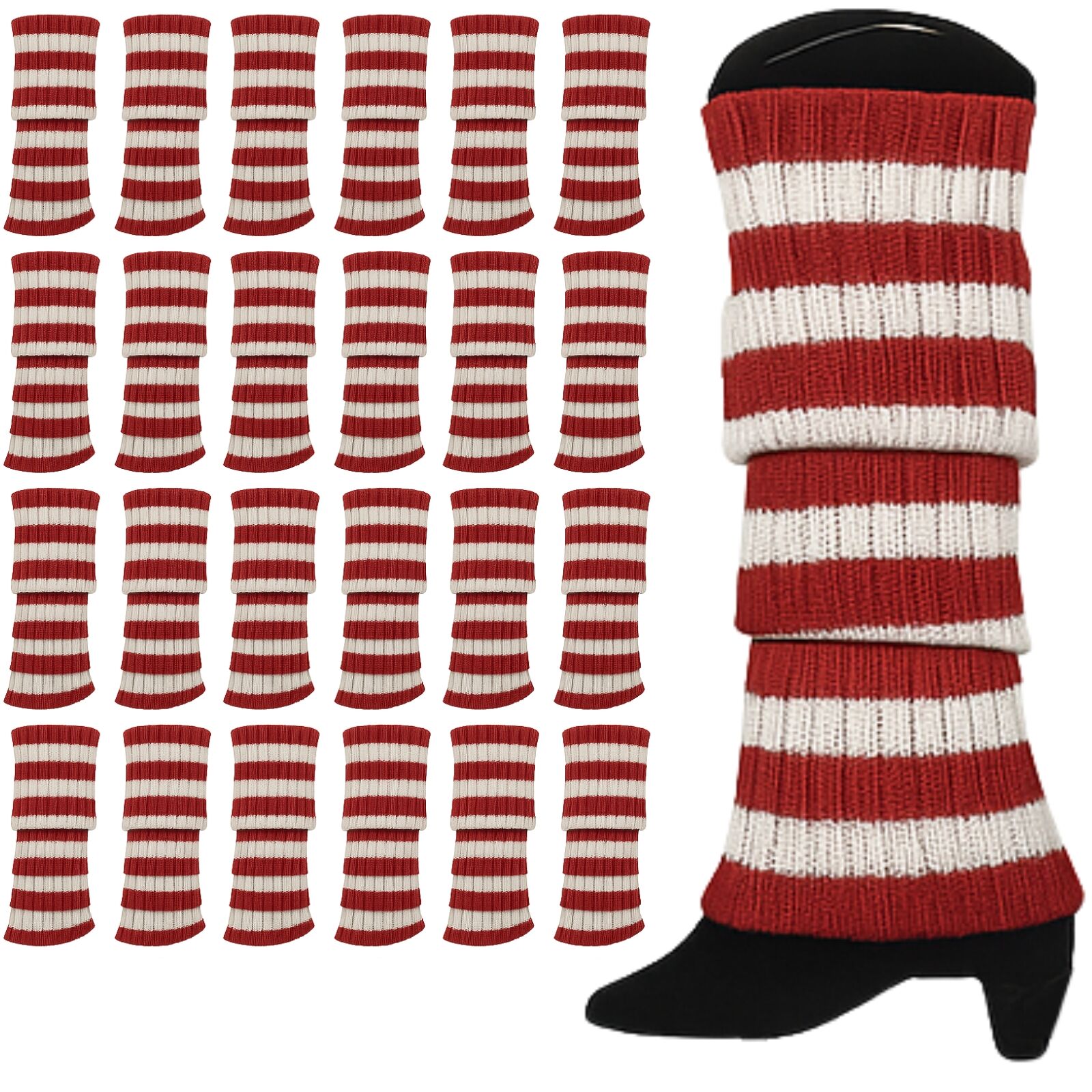 24x Womens Leg Warmers Disco Winter Knit Dance Party Crochet Legging Socks Costume - Red/White Stripe V563-BR-24LEGWARMS-REDWHTSTR