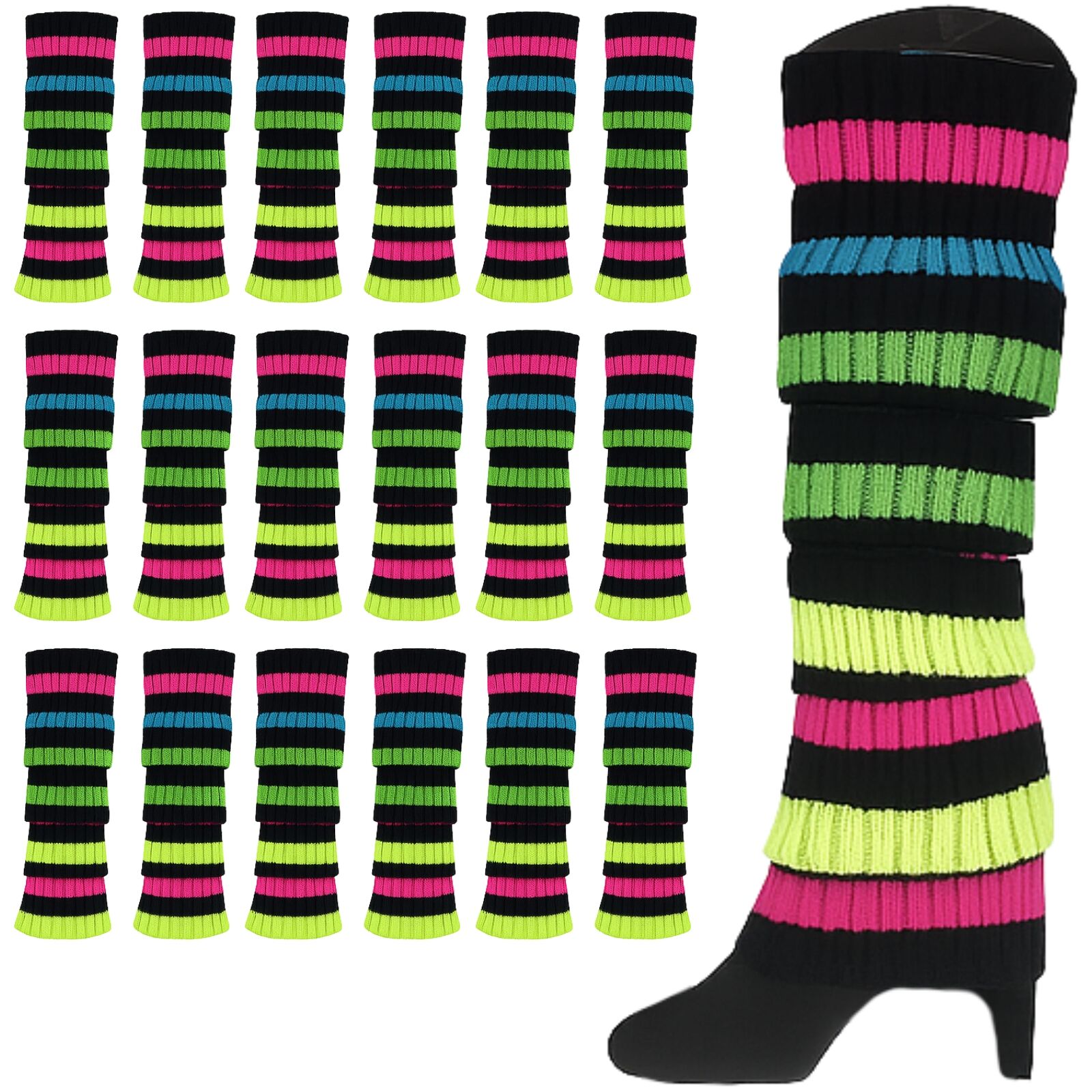 24x Womens Leg Warmers Disco Winter Knit Dance Party Crochet Legging Socks Costume - Rainbow with Black Stripe V563-BR-24LEGWARMS-RNBWBLK
