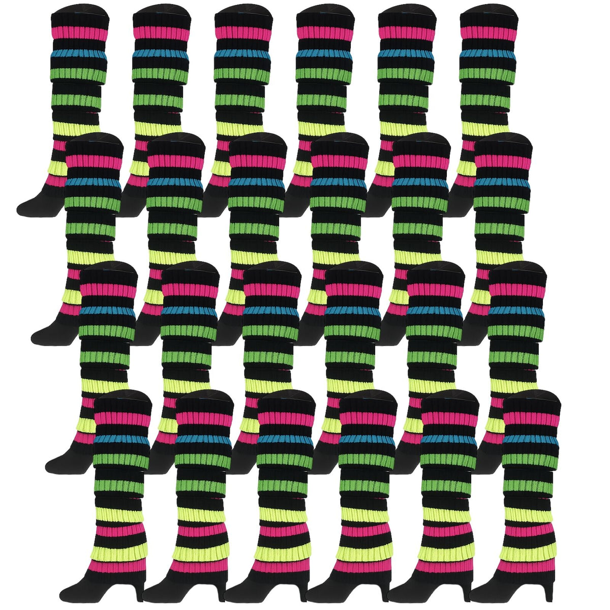 24x Womens Leg Warmers Disco Winter Knit Dance Party Crochet Legging Socks Costume - Rainbow with Black Stripe V563-BR-24LEGWARMS-RNBWBLK