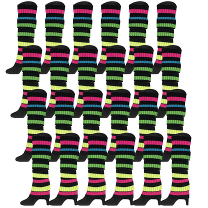 24x Womens Leg Warmers Disco Winter Knit Dance Party Crochet Legging Socks Costume - Rainbow with Black Stripe V563-BR-24LEGWARMS-RNBWBLK