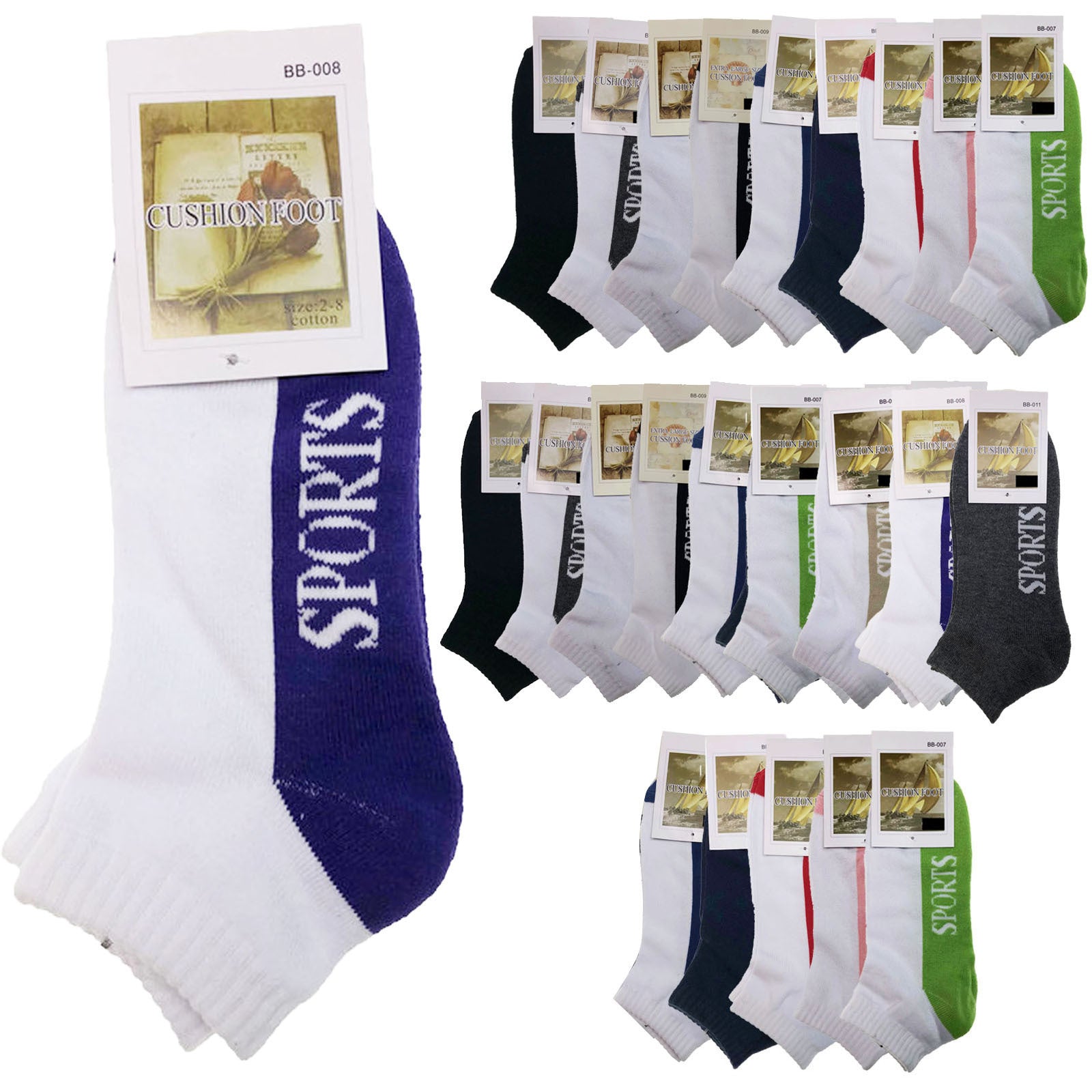 24x COTTON ANKLE SOCKS Sport Cushion Foot Low Cut Running - Assorted Colours Bulk - 6-11 V563-BR-24SOX-ASSTDCLRP-6-11