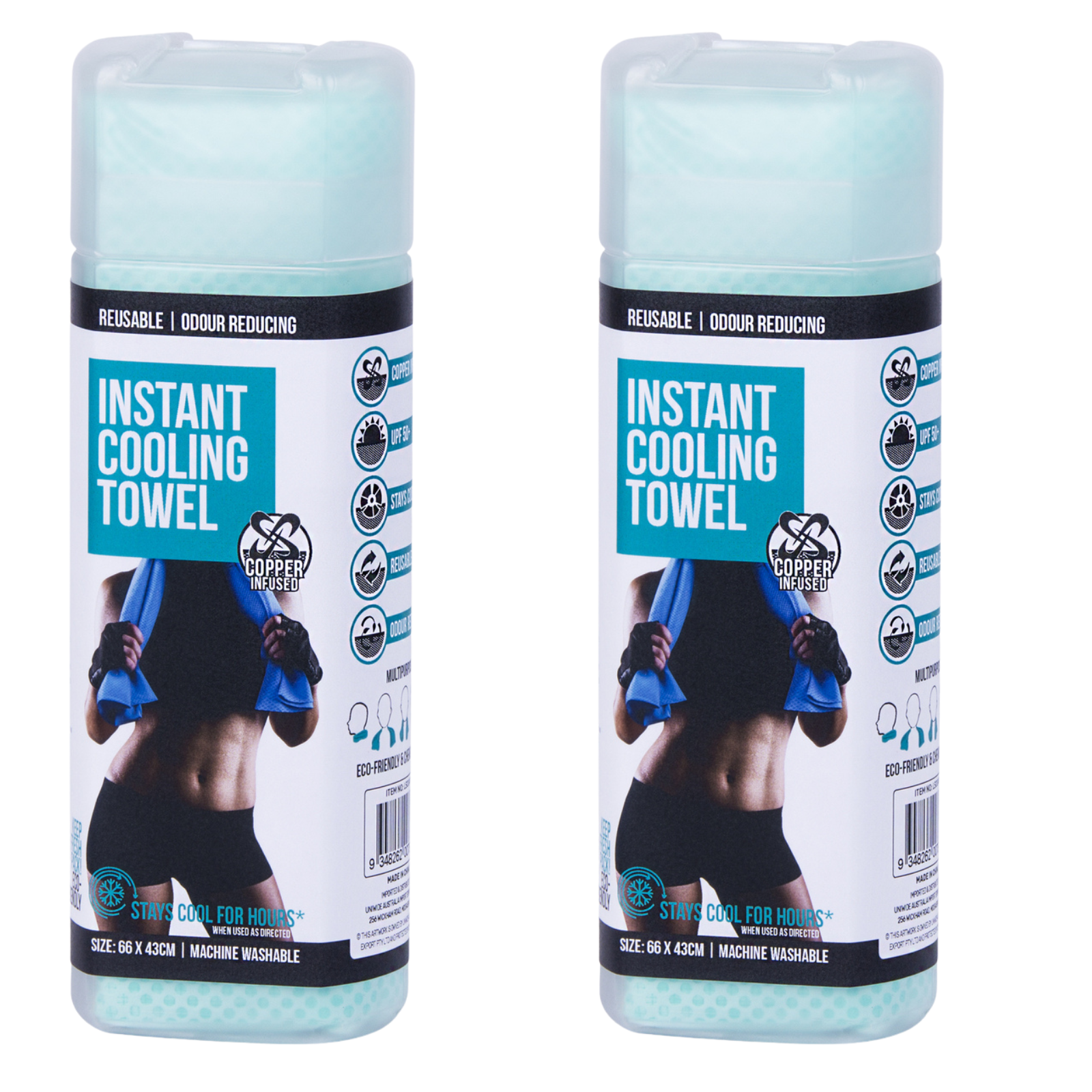 2x INSTANT COOLING TOWEL UPF 50+ Ice Cold Sport Sweat Absorbing Leisure 66x43 V563-BR-2COOLINGTOW-66-43