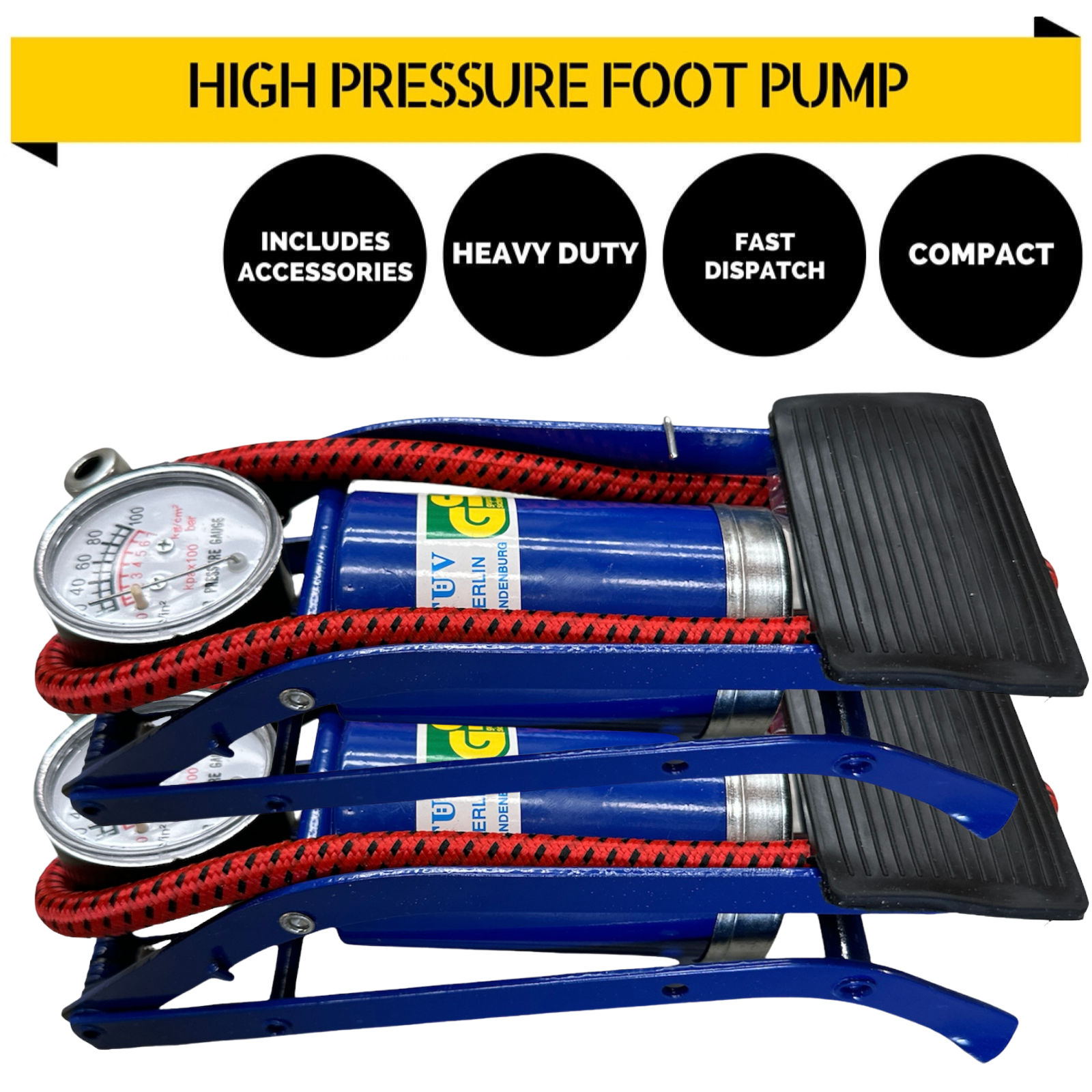 2x HIGH PRESSURE FOOT PUMP Ball Bicycle Motorbike Car Tire Inflator Tyre Air V563-BR-2HPFOTPUMP