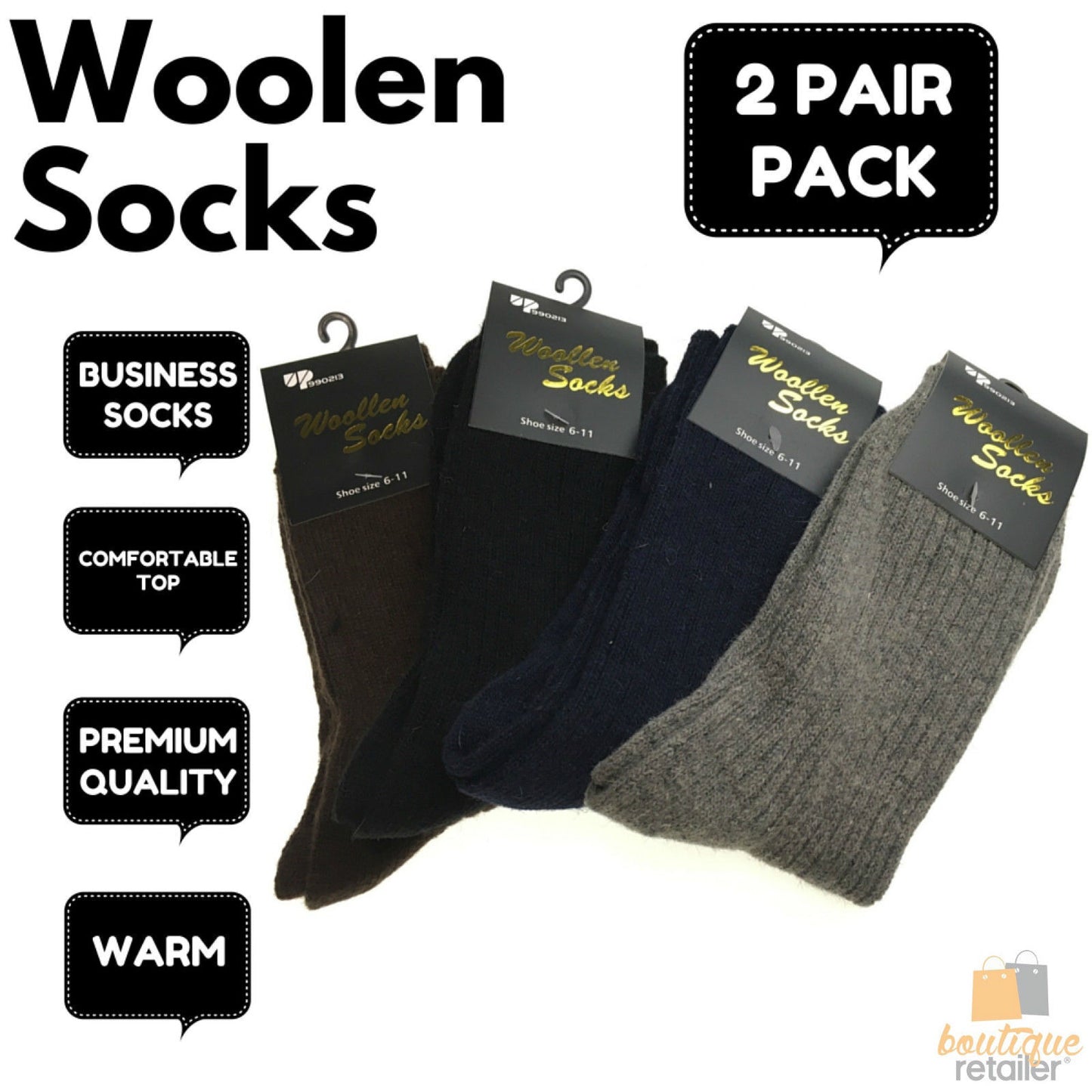 2 Pairs WOOL BLEND SOCKS Mens Soft Dress Thick Work Thermal Warm Cushion Foot - 6-11 V563-BR-2WLBLDSOX-SIZE6-11