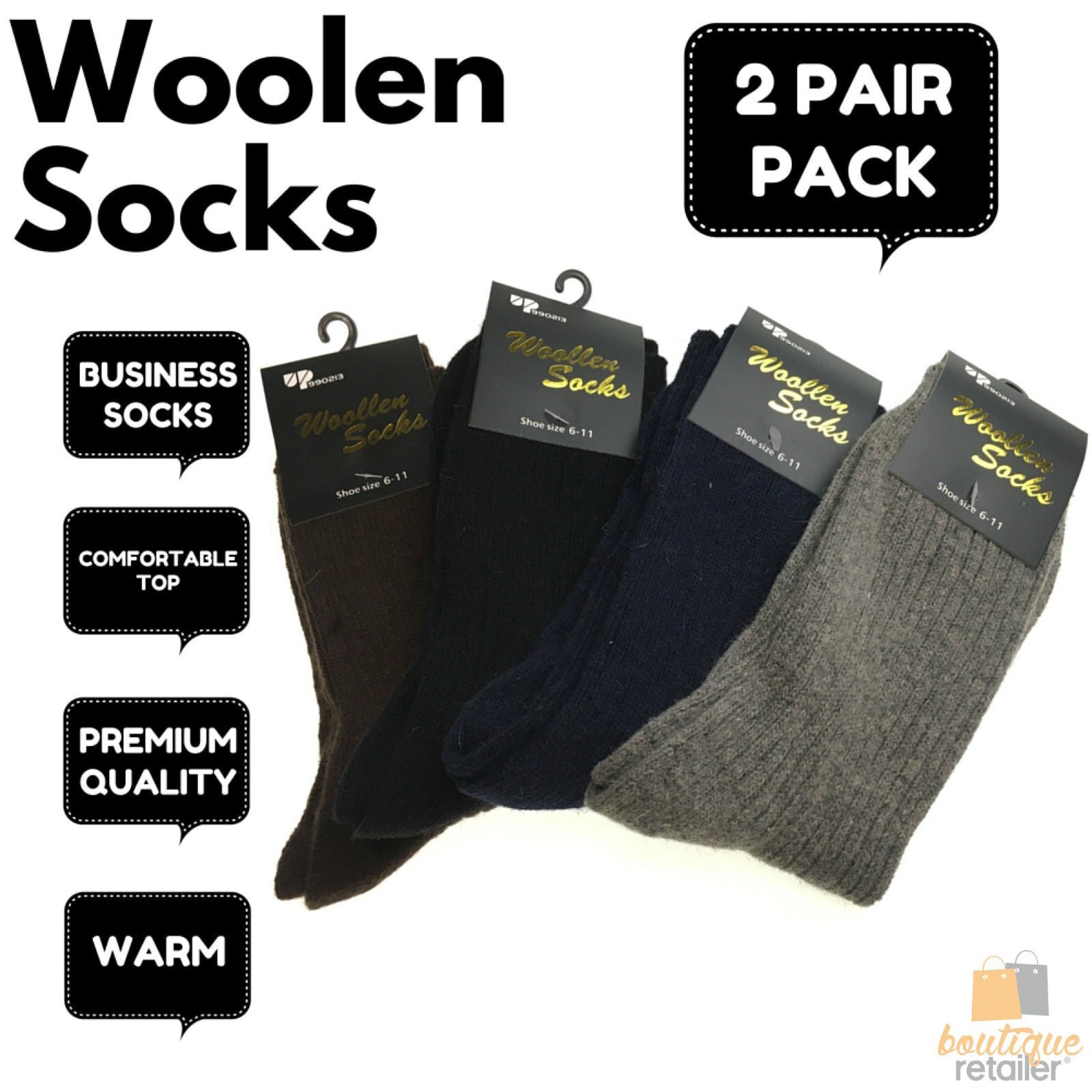 2 Pairs WOOL BLEND SOCKS Mens Soft Dress Thick Work Thermal Warm Cushion Foot - 6-11 V563-BR-2WLBLDSOX-SIZE6-11