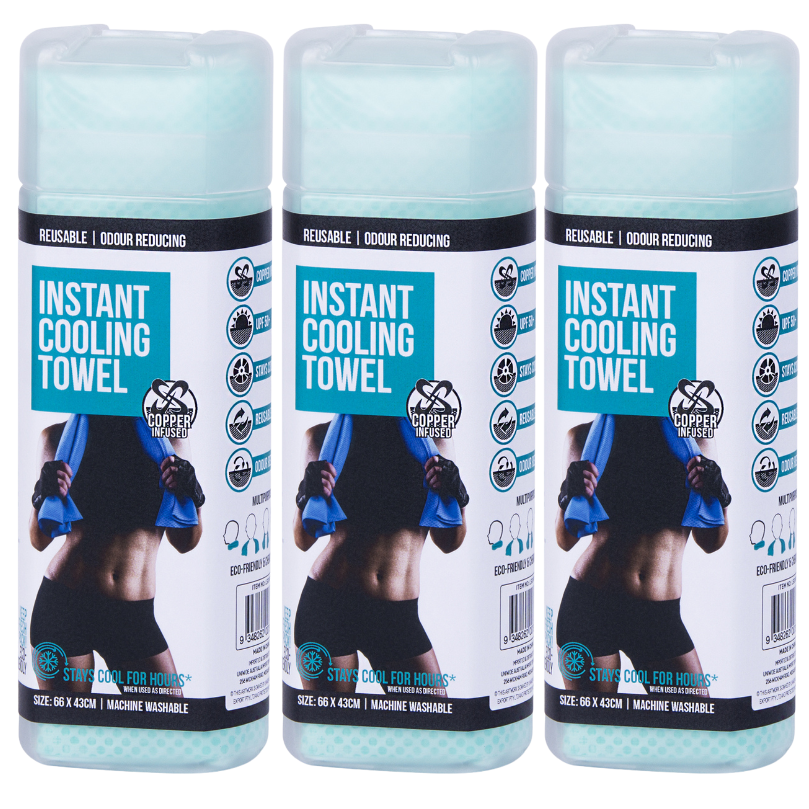 3x INSTANT COOLING TOWEL UPF 50+ Ice Cold Sport Sweat Absorbing Leisure 66x43 V563-BR-3COOLINGTOW-66-43