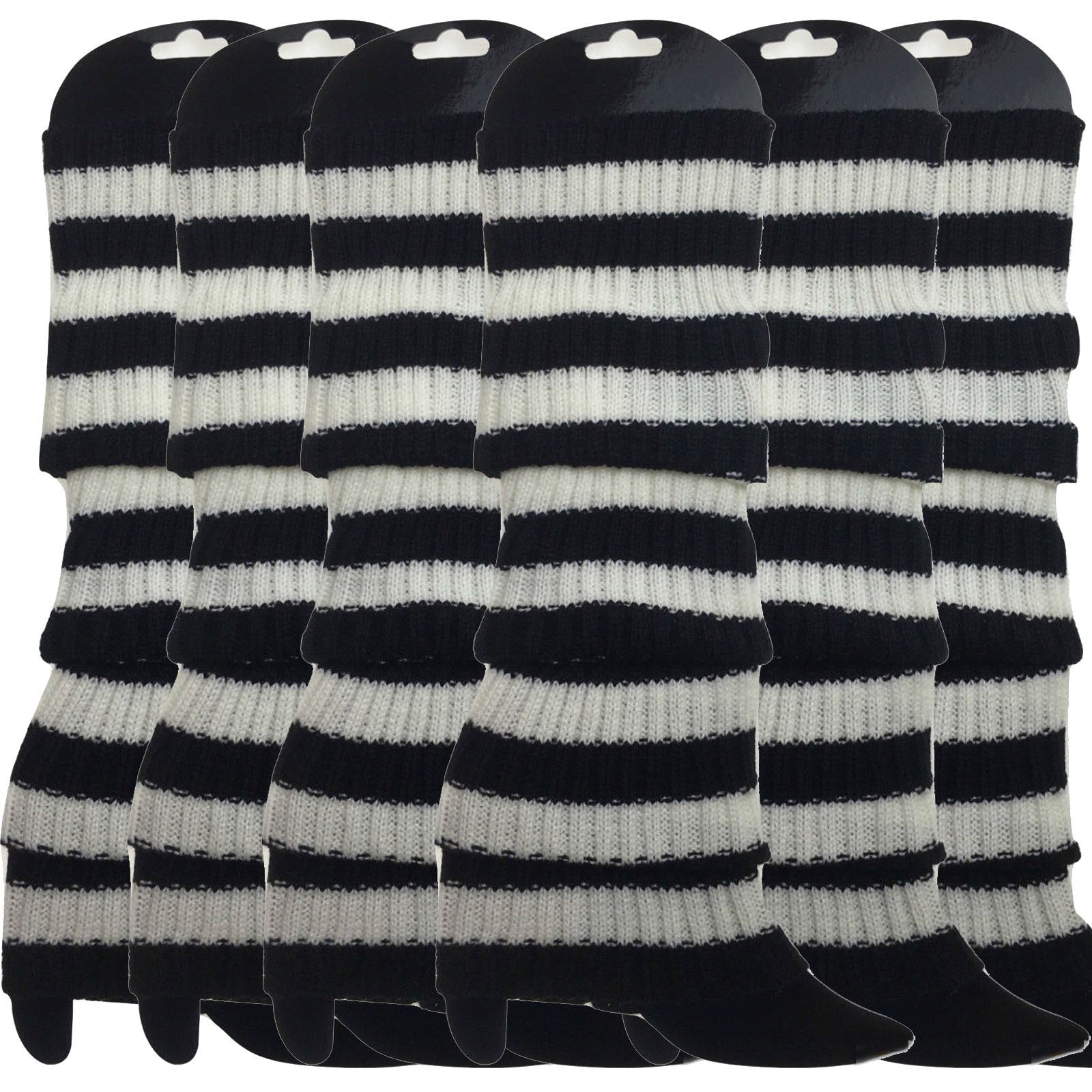 6x Womens Leg Warmers Disco Winter Knit Dance Party Crochet Legging Socks Costume - Black/White Stripe V563-BR-6LEGWARMRS-BLKWHTSTR