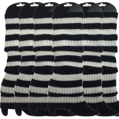 6x Womens Leg Warmers Disco Winter Knit Dance Party Crochet Legging Socks Costume - Black/White Stripe V563-BR-6LEGWARMRS-BLKWHTSTR