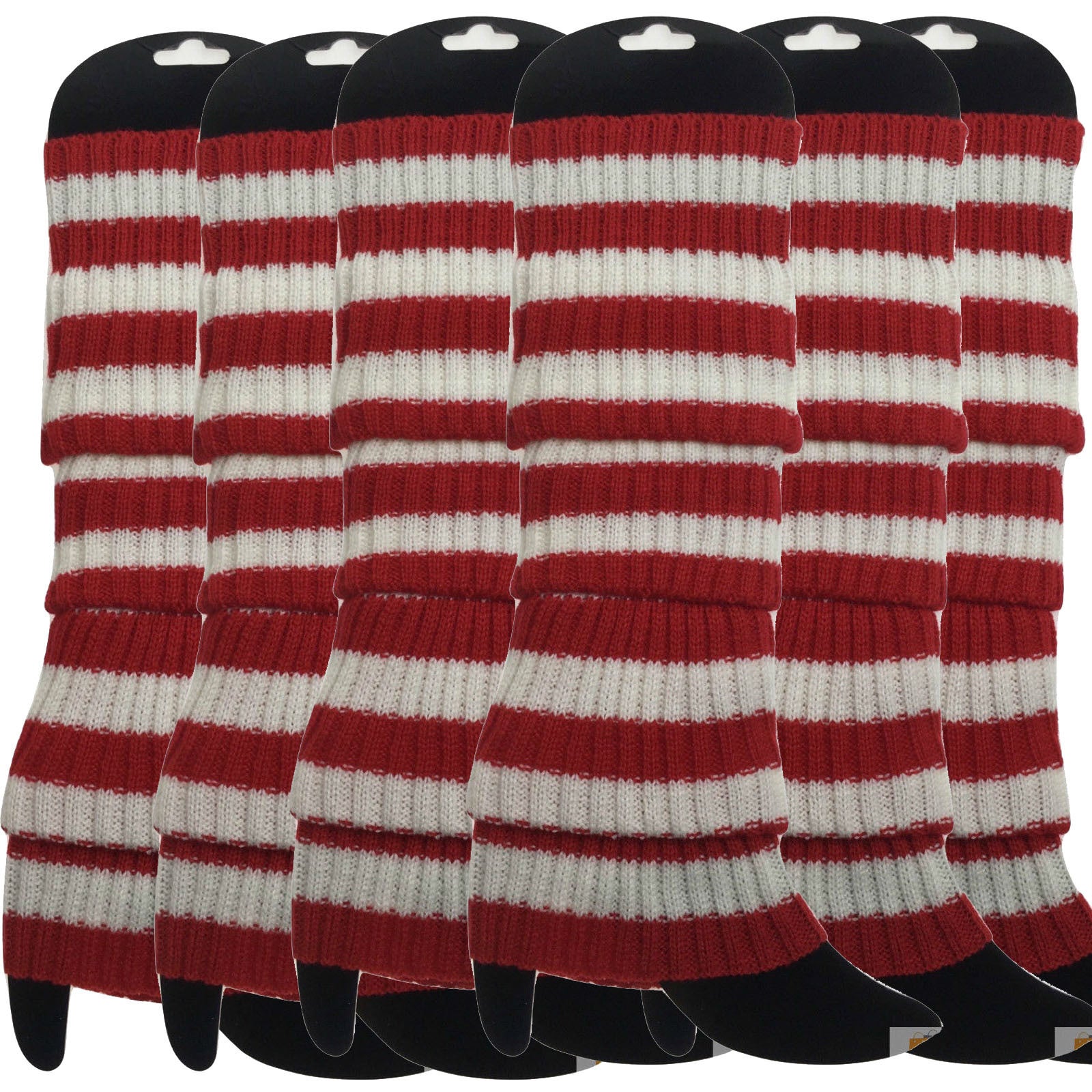 6x Womens Leg Warmers Disco Winter Knit Dance Party Crochet Legging Socks Costume - Red/White Stripe V563-BR-6LEGWARMRS-REDWHTSTR