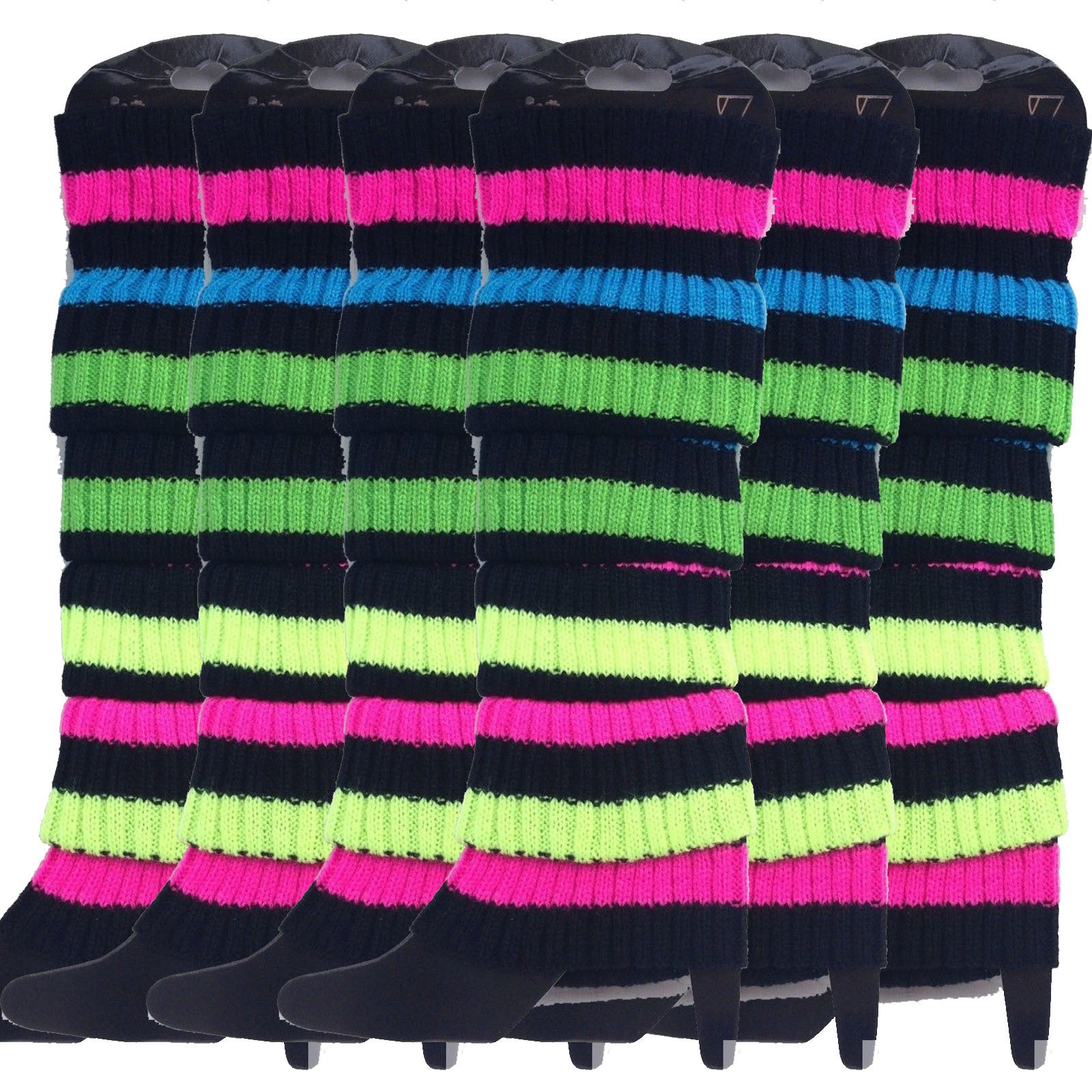6x Womens Leg Warmers Disco Winter Knit Dance Party Crochet Legging Socks Costume - Rainbow with Black Stripe V563-BR-6LEGWARMRS-RNBWBLKSTR