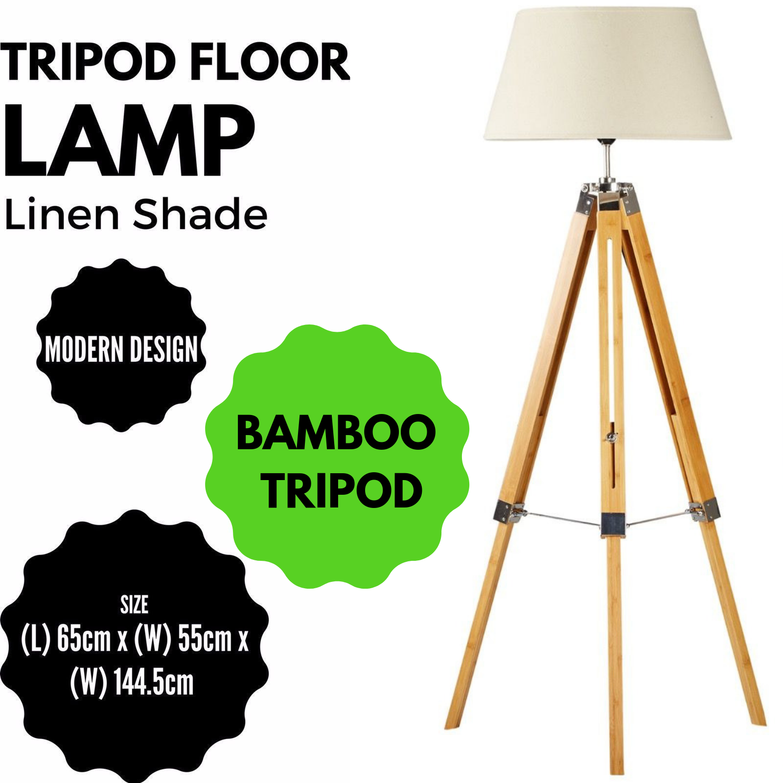 LARGE TRIPOD FLOOR LAMP Linen Shade Modern Light Bamboo Vintage Wooden Retro V563-BR-75005