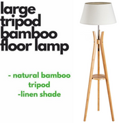LARGE BAMBOO TRIPOD FLOOR LAMP Linen Shade Modern Light Vintage Wooden Scandi V563-BR-75099