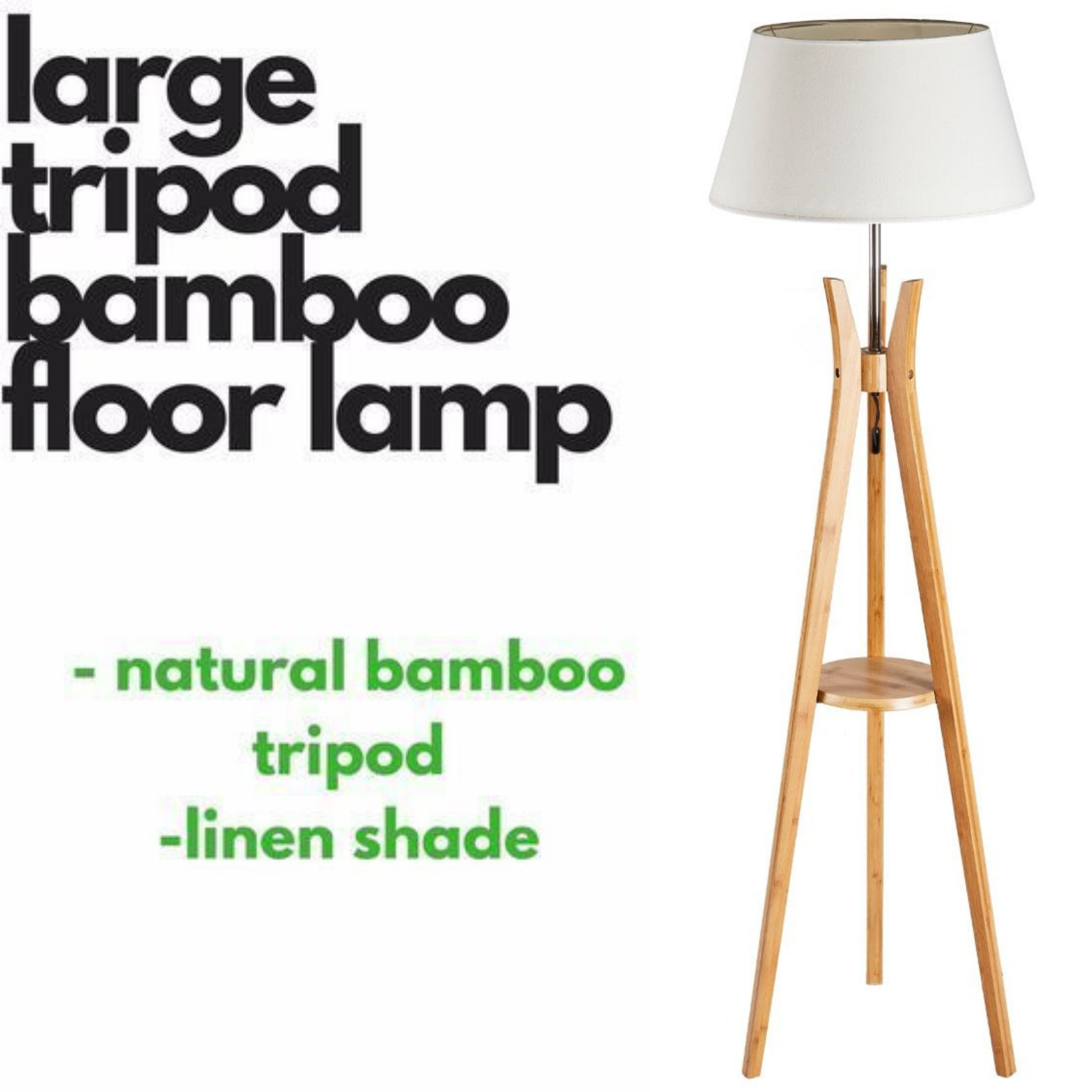 LARGE BAMBOO TRIPOD FLOOR LAMP Linen Shade Modern Light Vintage Wooden Scandi V563-BR-75099