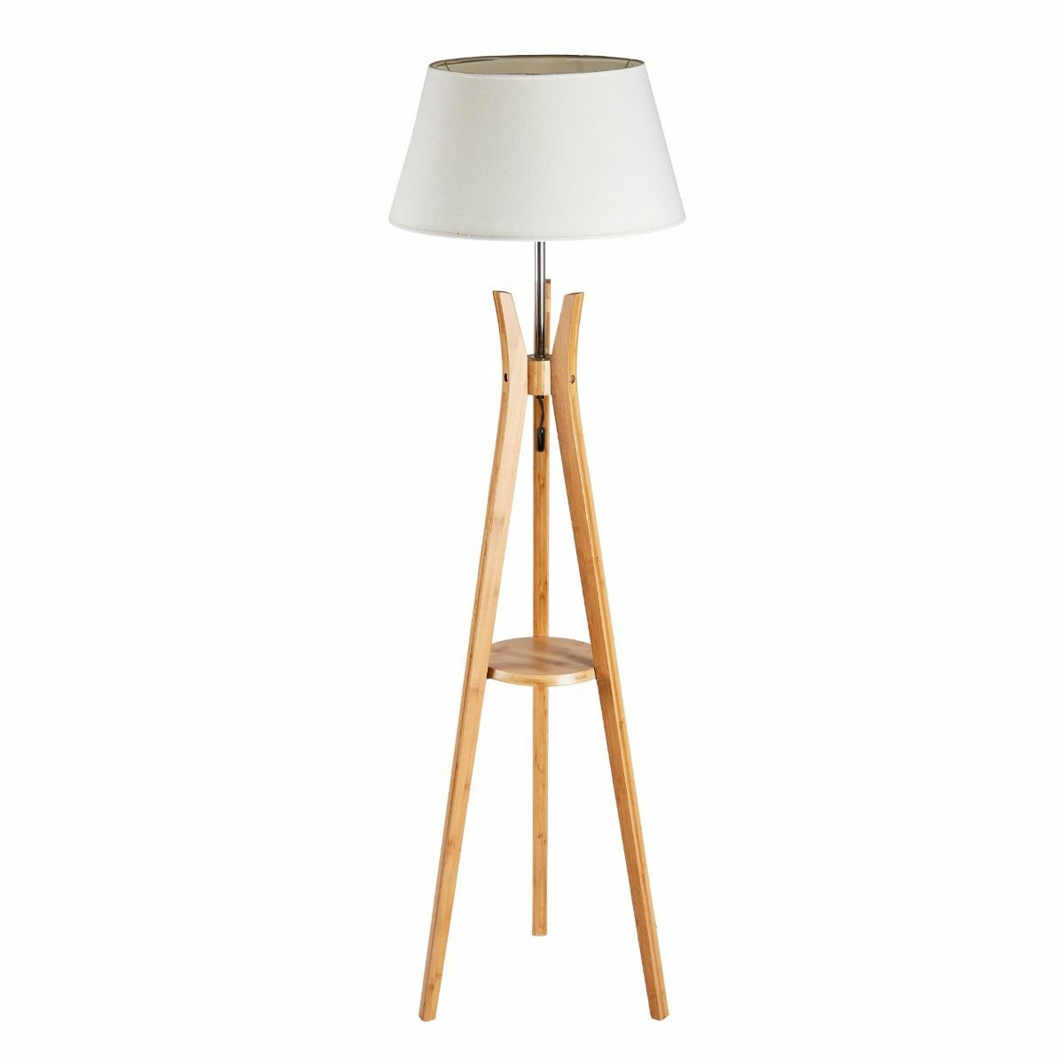 LARGE BAMBOO TRIPOD FLOOR LAMP Linen Shade Modern Light Vintage Wooden Scandi V563-BR-75099