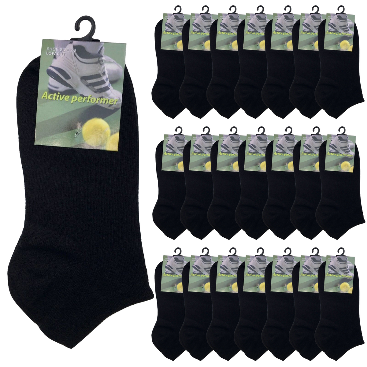 24x COTTON ANKLE SOCKS Sport Low Cut Mens Womens Running BULK Anklet - Black - 2-8 V563-BR-990144-BLK-2-8